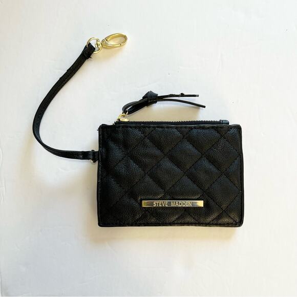 Steve Madden Handbags - Steve Madden Coin Purse Quilted Black Faux Leather with Strap Small Wallet